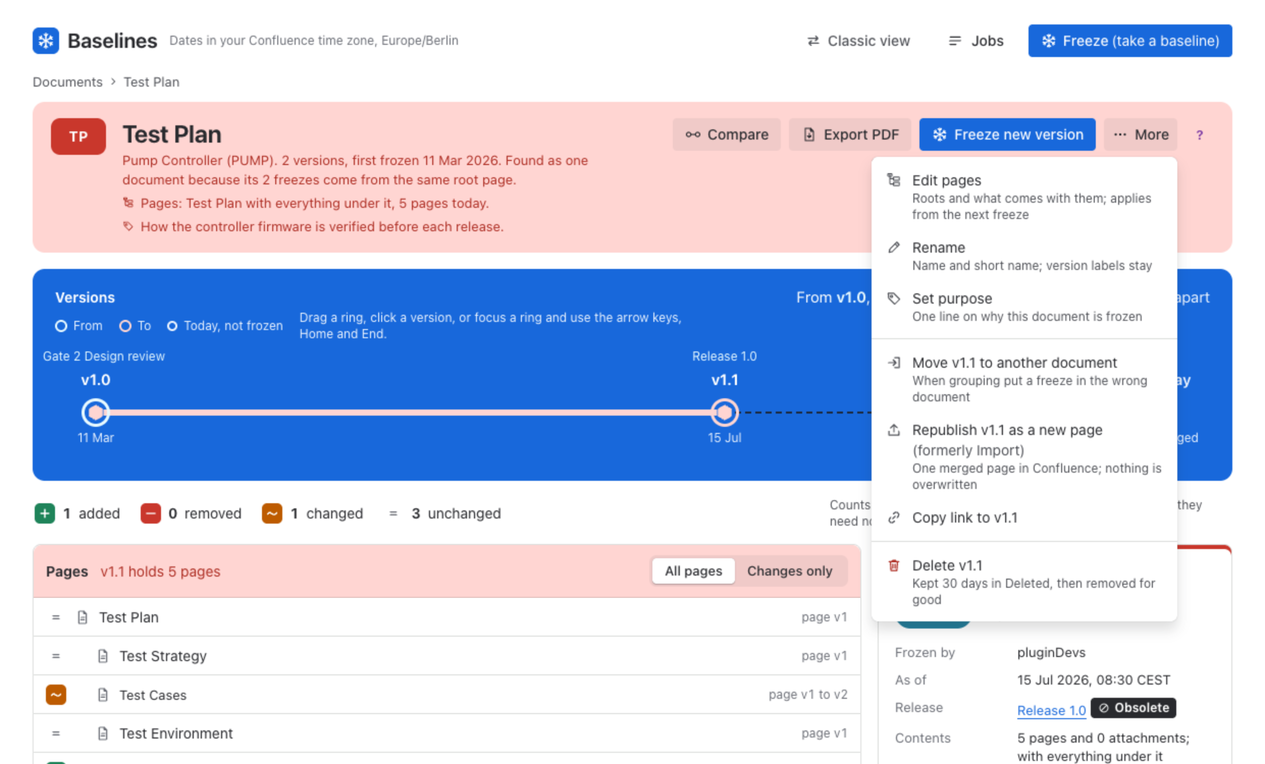 The More menu of Test Plan: Edit pages, Rename, Set purpose, Move, Republish, Copy link and Delete