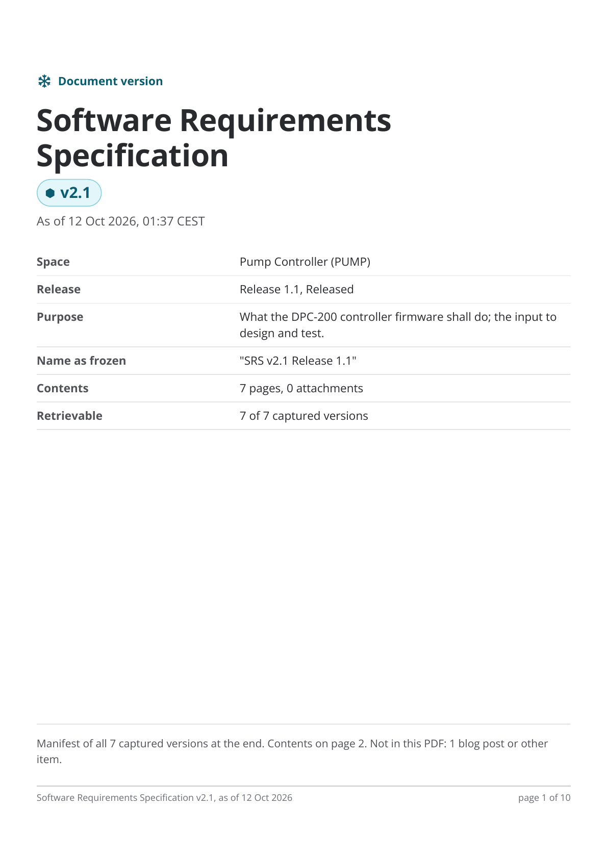 The cover of the exported PDF of Software Requirements Specification v2.1