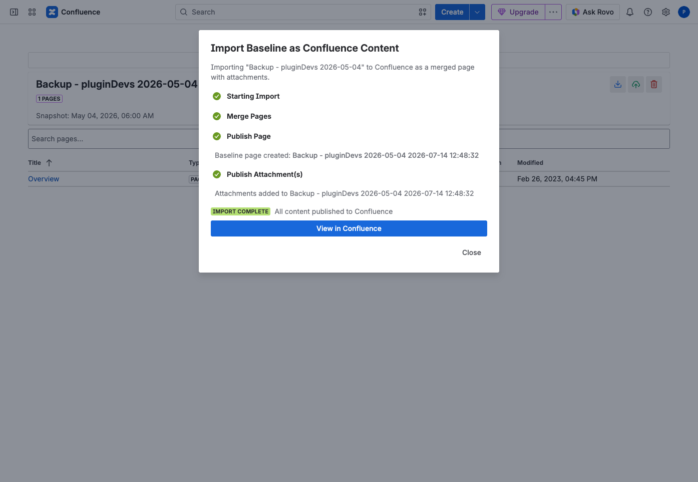 Import — merging pages and publishing the baseline back into Confluence with attachments