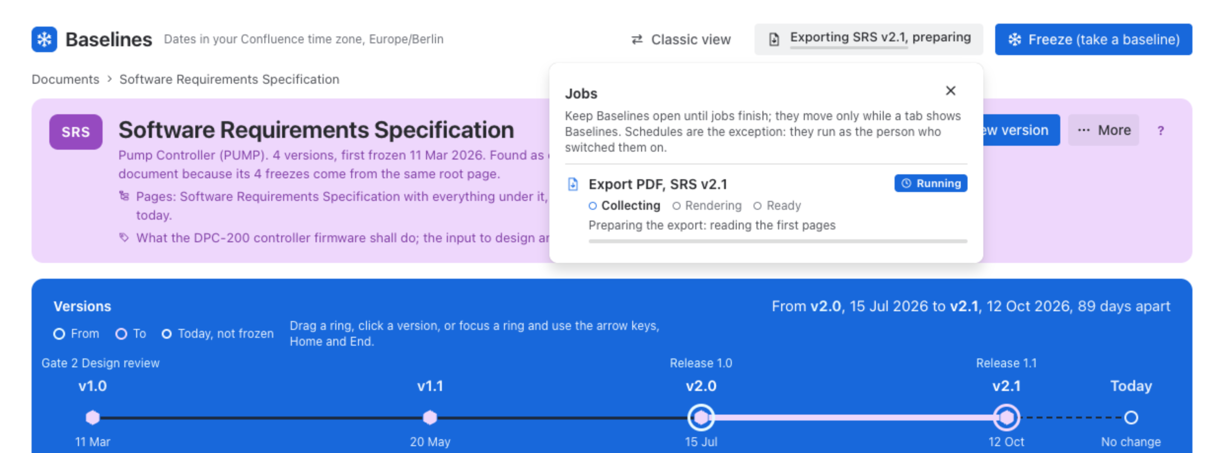 The Jobs tray open with an export of SRS v2.1 running