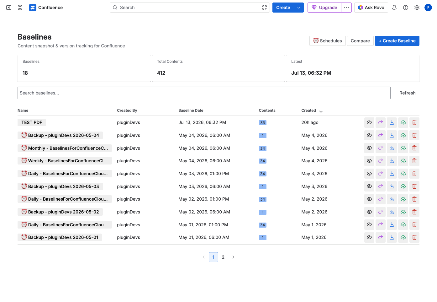 The Baselines dashboard — list of baselines with totals and per-row actions
