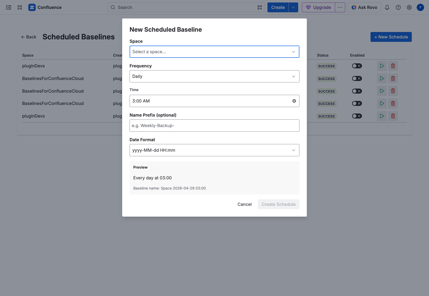 New scheduled baseline — frequency, time, name prefix and live preview