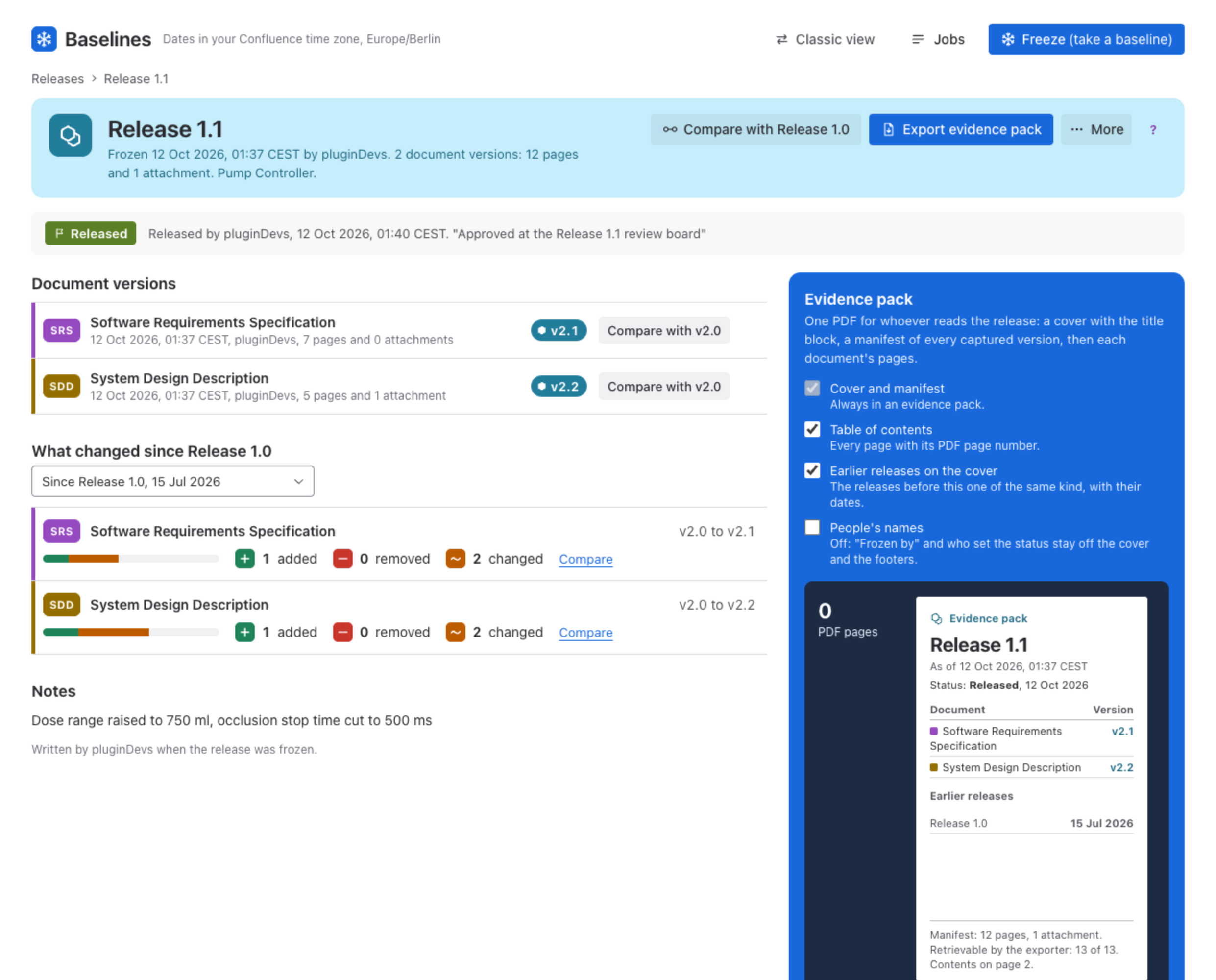 The page of Release 1.1: Released status, two document versions, what changed since Release 1.0, and the evidence pack panel