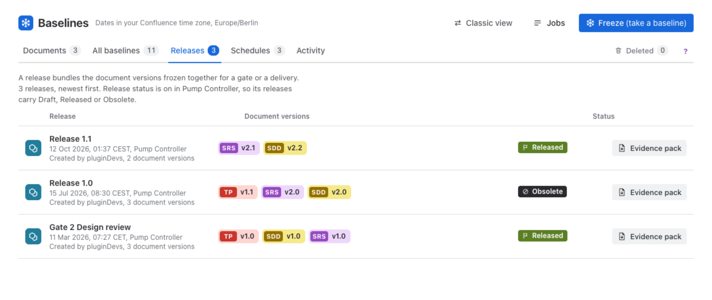 Releases: Release 1.1 as Released, Release 1.0 as Obsolete and Gate 2 Design review as Released, each with its document versions