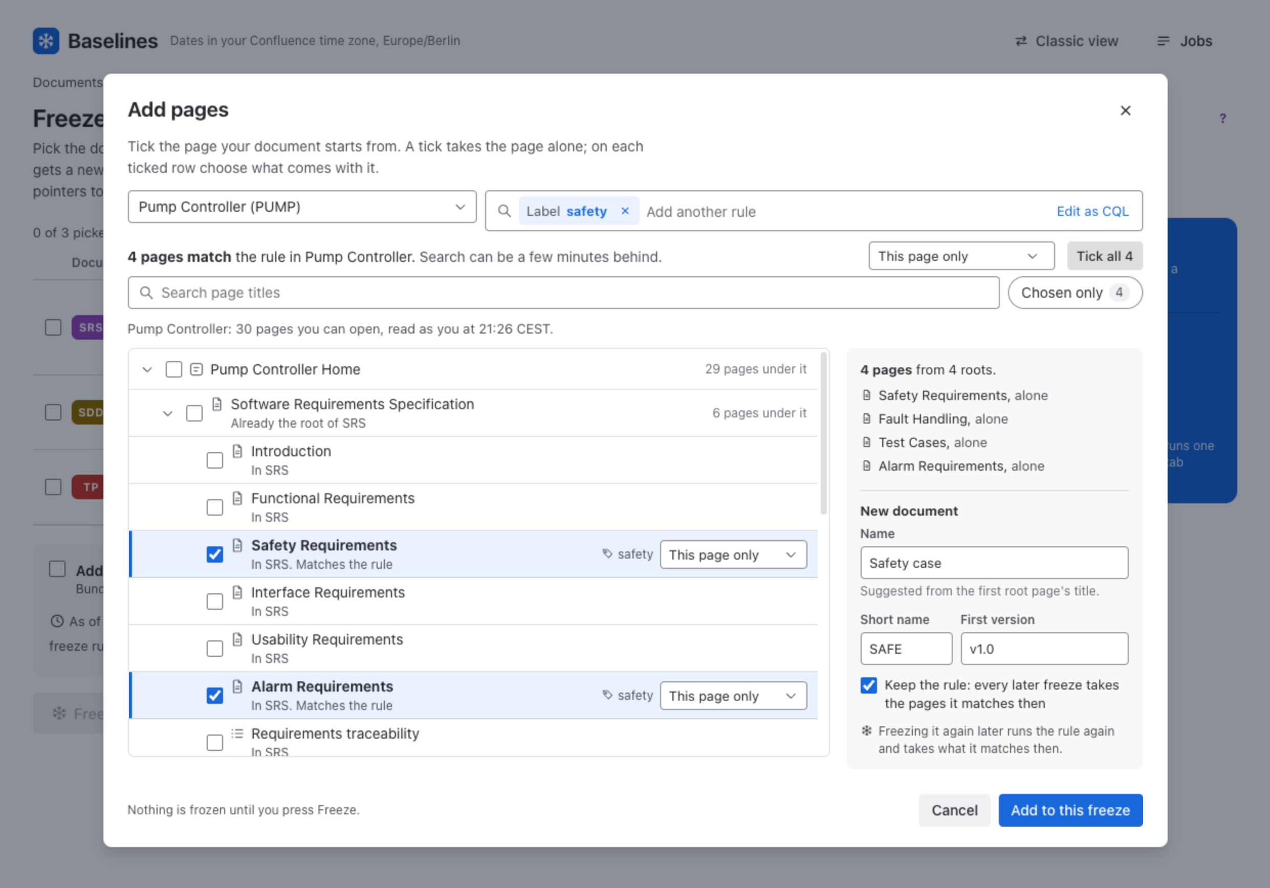 Add pages: the rule Label safety matches four pages in Pump Controller, all ticked, for a new document named Safety case with Keep the rule ticked