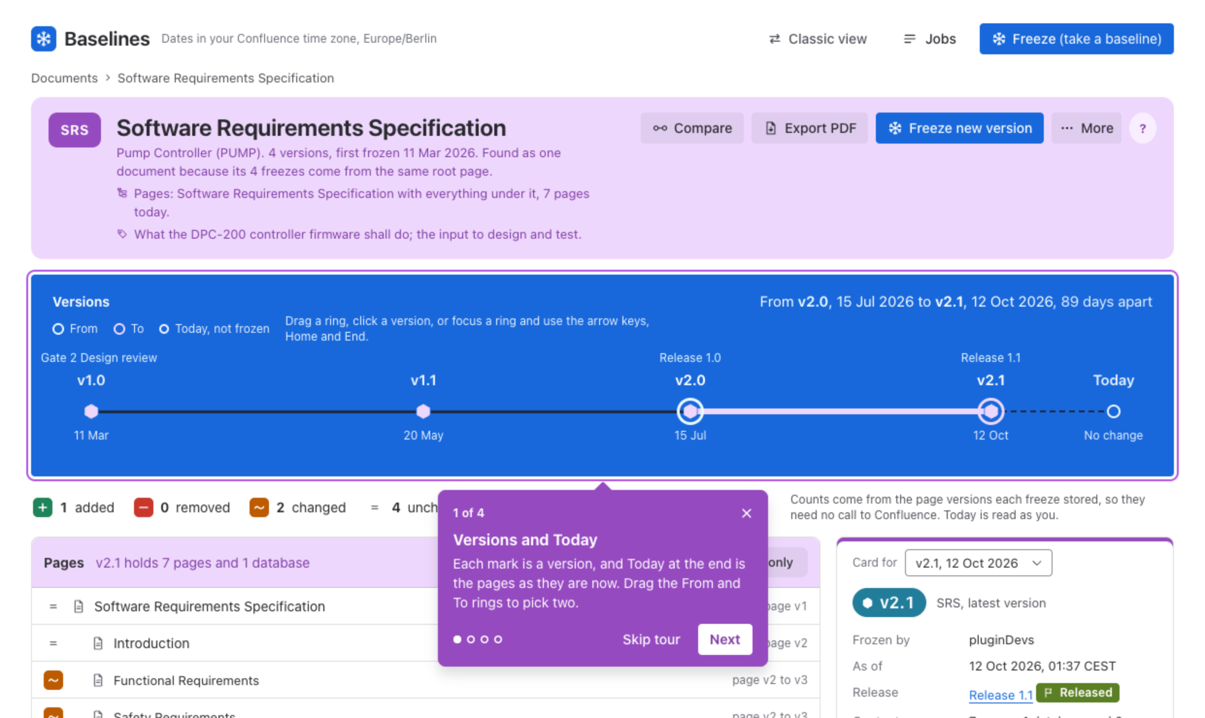 The first step of a document page's tour ringing the Versions line