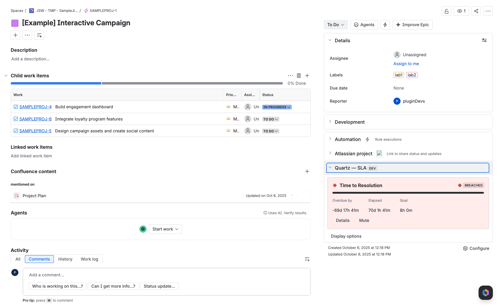 The Quartz SLA panel on a Jira issue
