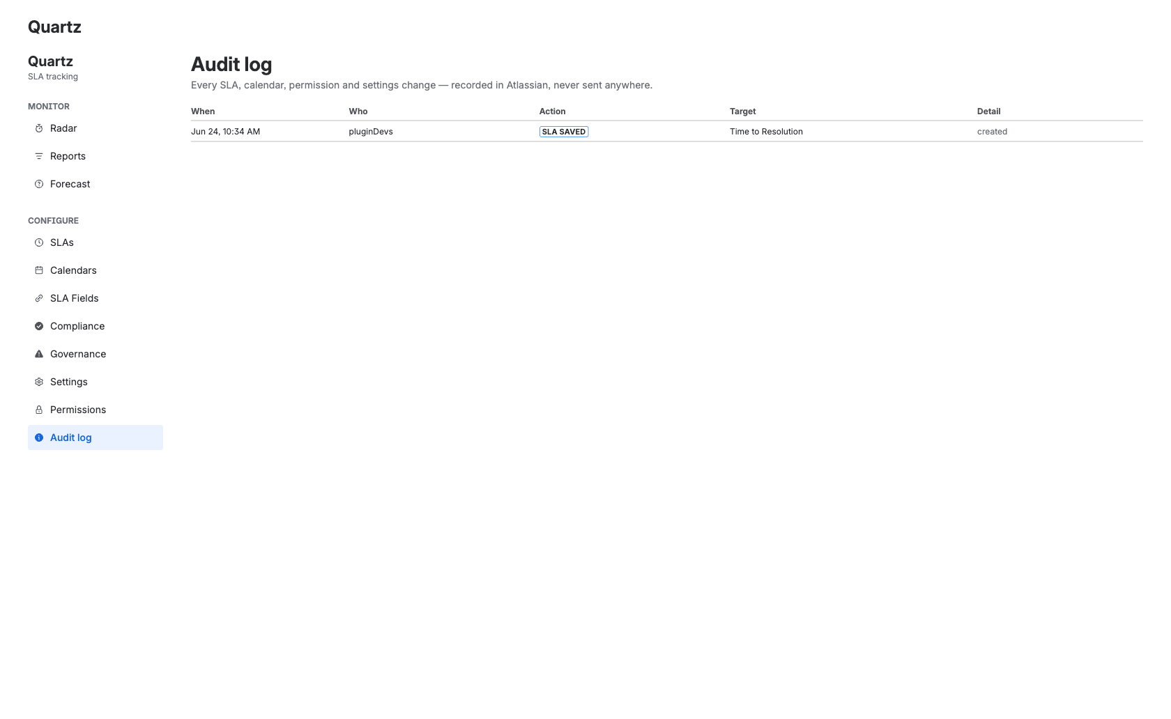 the Audit log screen showing actor, action, target, detail and timestamp columns