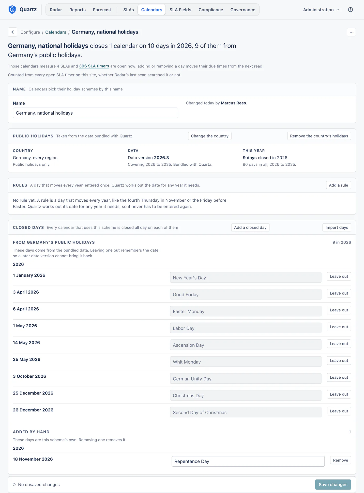 The page of the holiday scheme Germany, national holidays, with a lead saying it closes 1 calendar on 10 days in 2026, 9 of them from Germany's public holidays, its name, the Public holidays card with the country (Germany, every region), Data version 2026.3 covering 2026 to 2035 and 9 days closed in 2026, an empty Rules card, and the Closed days card listing the nine days from Germany's public holidays, from New Year's Day to Second Day of Christmas, each with a Leave out button, and under Added by hand the scheme's own day, Repentance Day on 18 November 2026, with a Remove button.