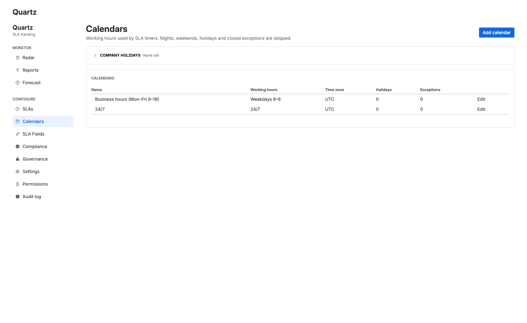 Calendar editor (working hours + holidays)