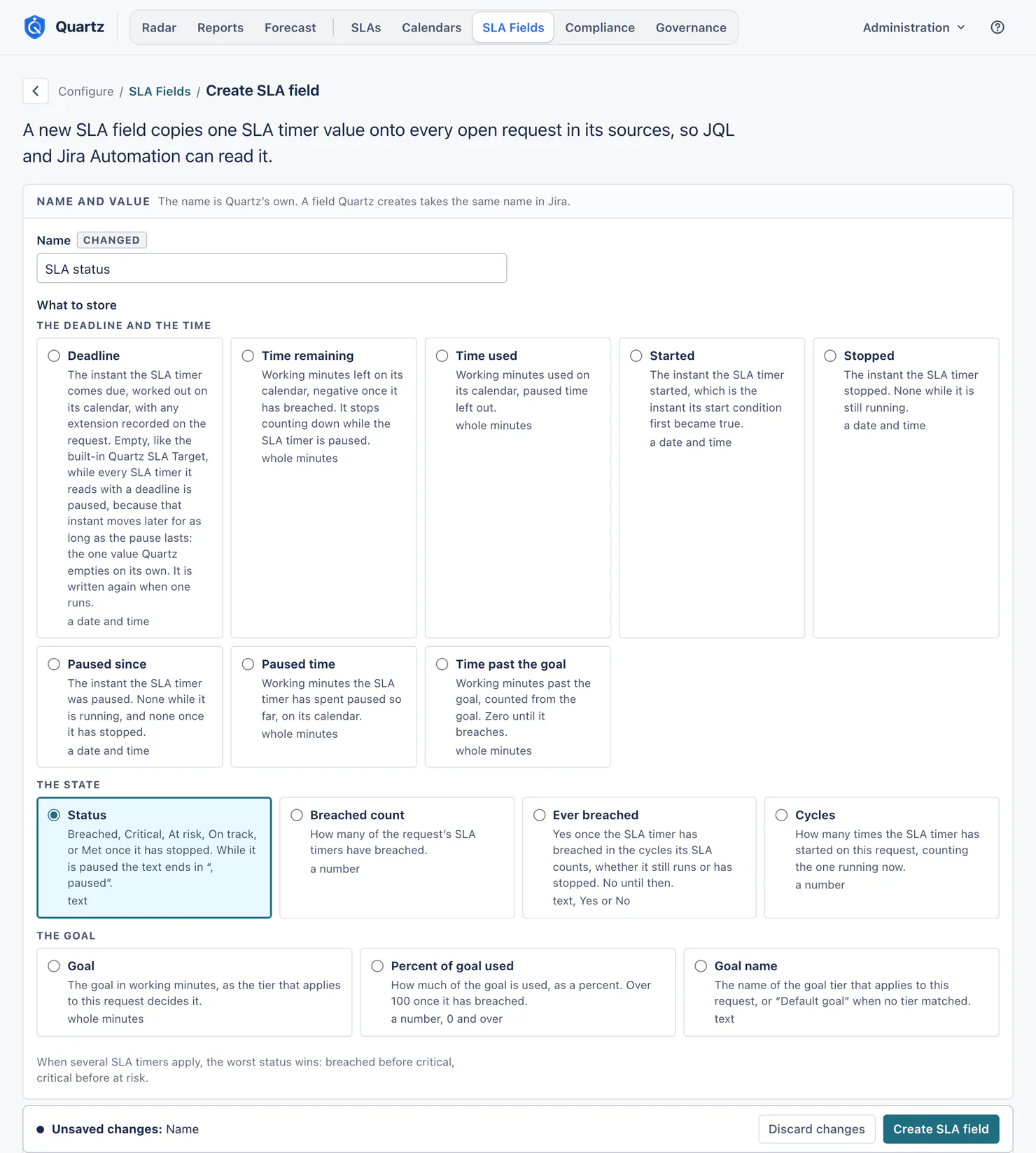 The Create SLA field page. The lead says a new SLA field copies one SLA timer value onto every open request in its sources, so JQL and Jira Automation can read it. SLA status is typed as the name, marked Changed. Under What to store, fifteen value types sit in three groups: eight under The deadline and the time, from Deadline to Time past the goal; four under The state, where Status is chosen; and three under The goal. A note says the worst status wins: breached before critical, critical before at risk. The save bar reads Unsaved changes: Name, beside Discard changes and Create SLA field.