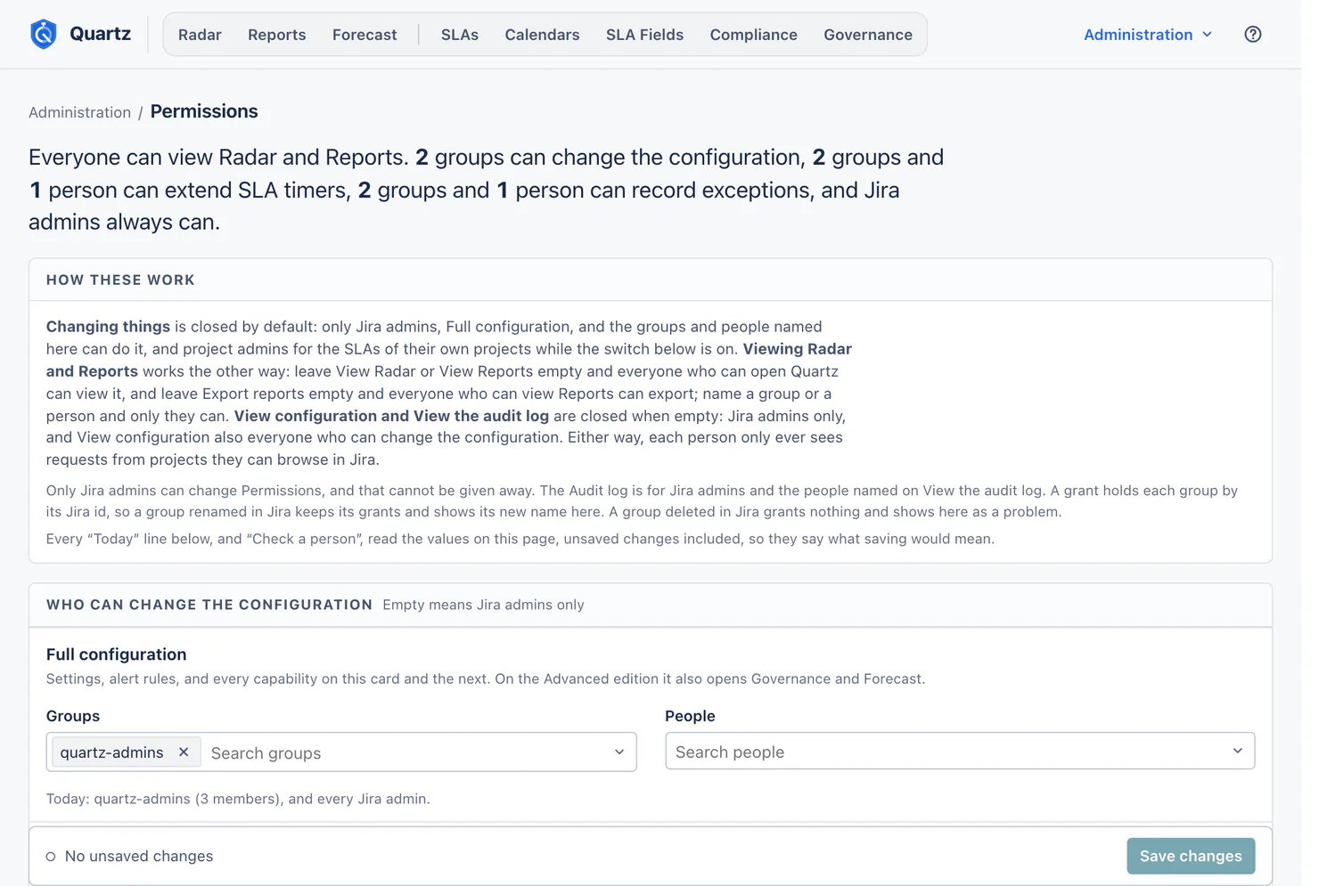 The top of the Permissions page. The lead says everyone can view Radar and Reports, 2 groups can change the configuration, 2 groups and 1 person can extend SLA timers, 2 groups and 1 person can record exceptions, and Jira admins always can. The How these work card explains that changing things is closed by default and that viewing Radar and Reports works the other way. Under Who can change the configuration, where empty means Jira admins only, the first grant, Full configuration, holds the group quartz-admins and no people. Its Today line names quartz-admins (3 members) and every Jira admin.