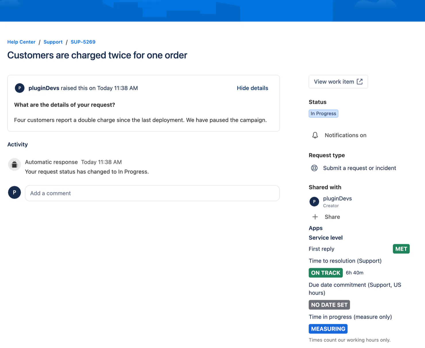 A request on the customer portal with Quartz's Service level panel beside it: First reply met, Time to resolution (Support) on track with 6h 40m left, a Due date commitment with no date set and a measure-only SLA, and the line Times count our working hours only