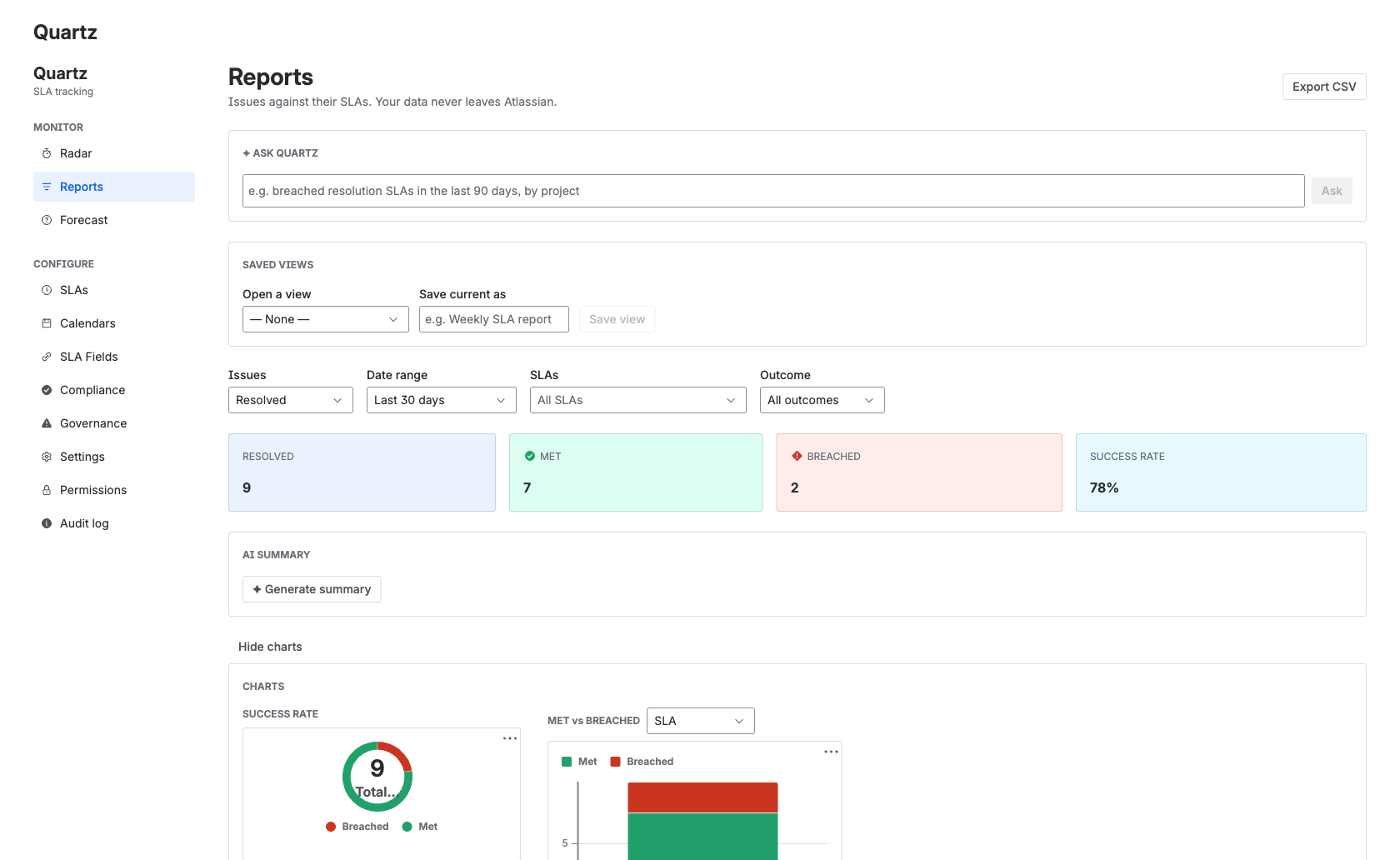 the Reports grid with the export action