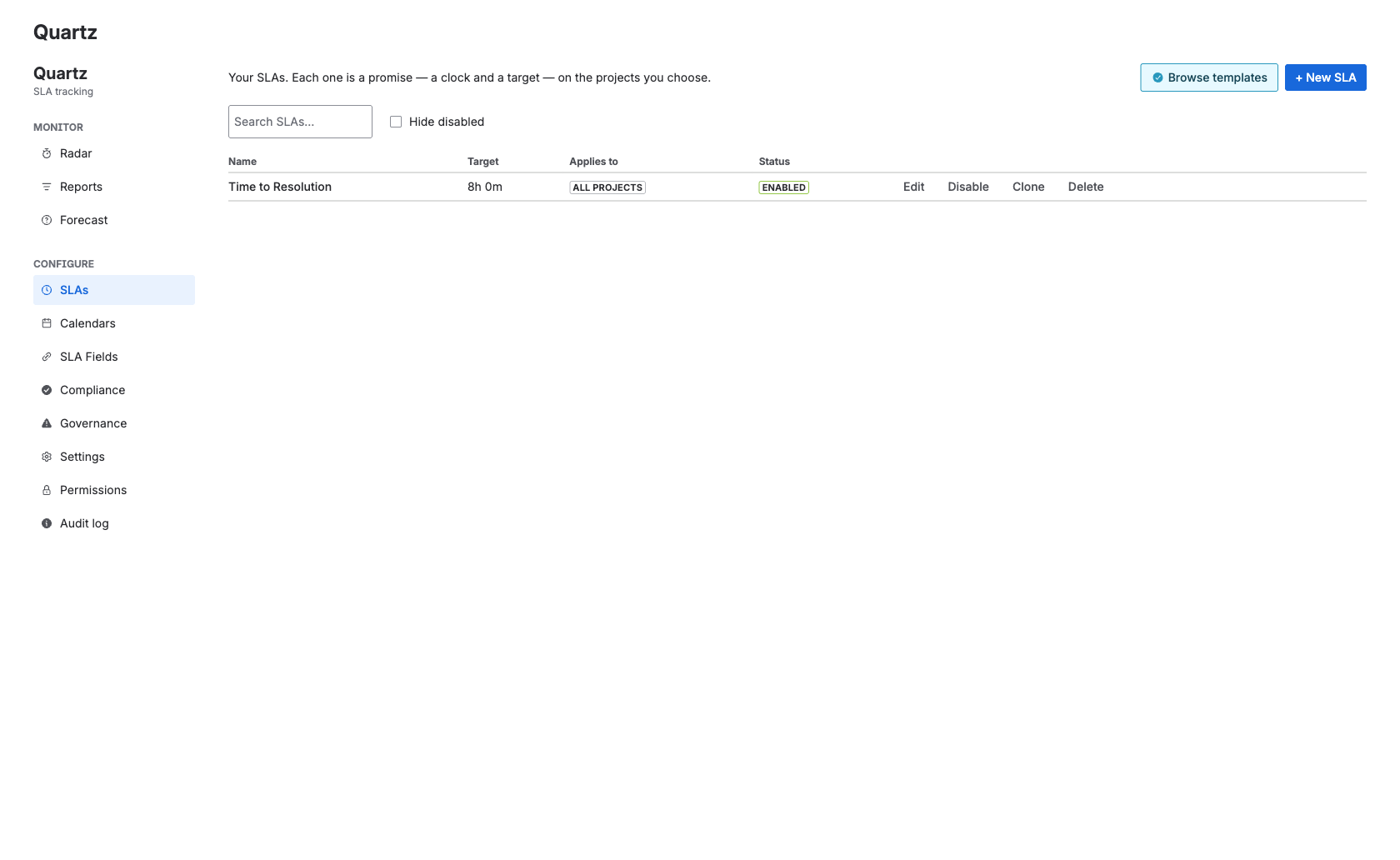 the SLAs list with the Create button